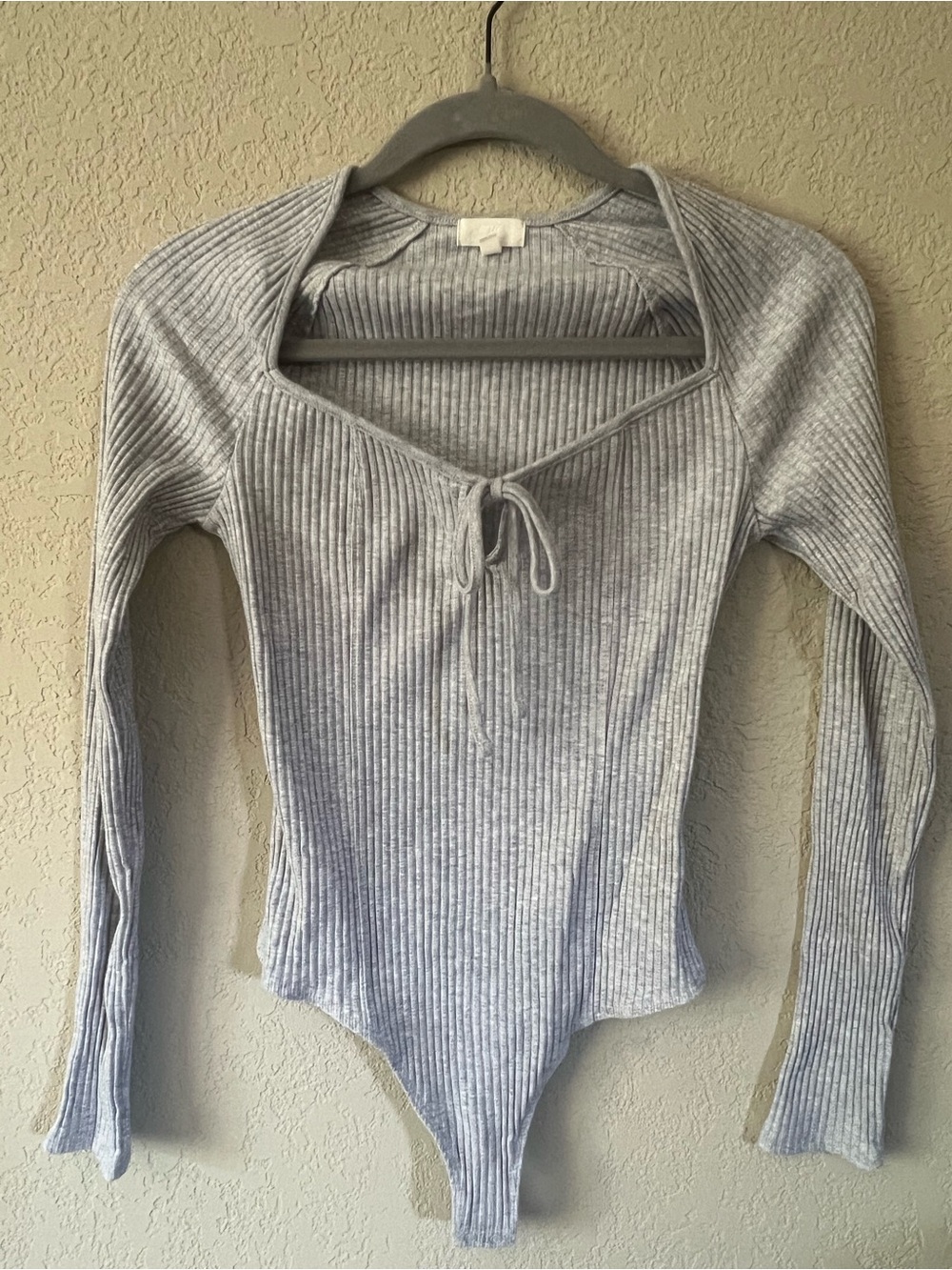 NWOT Aerie Light Gray Ribbed Long Sleeve Thong Bodysuit with Tie Detail